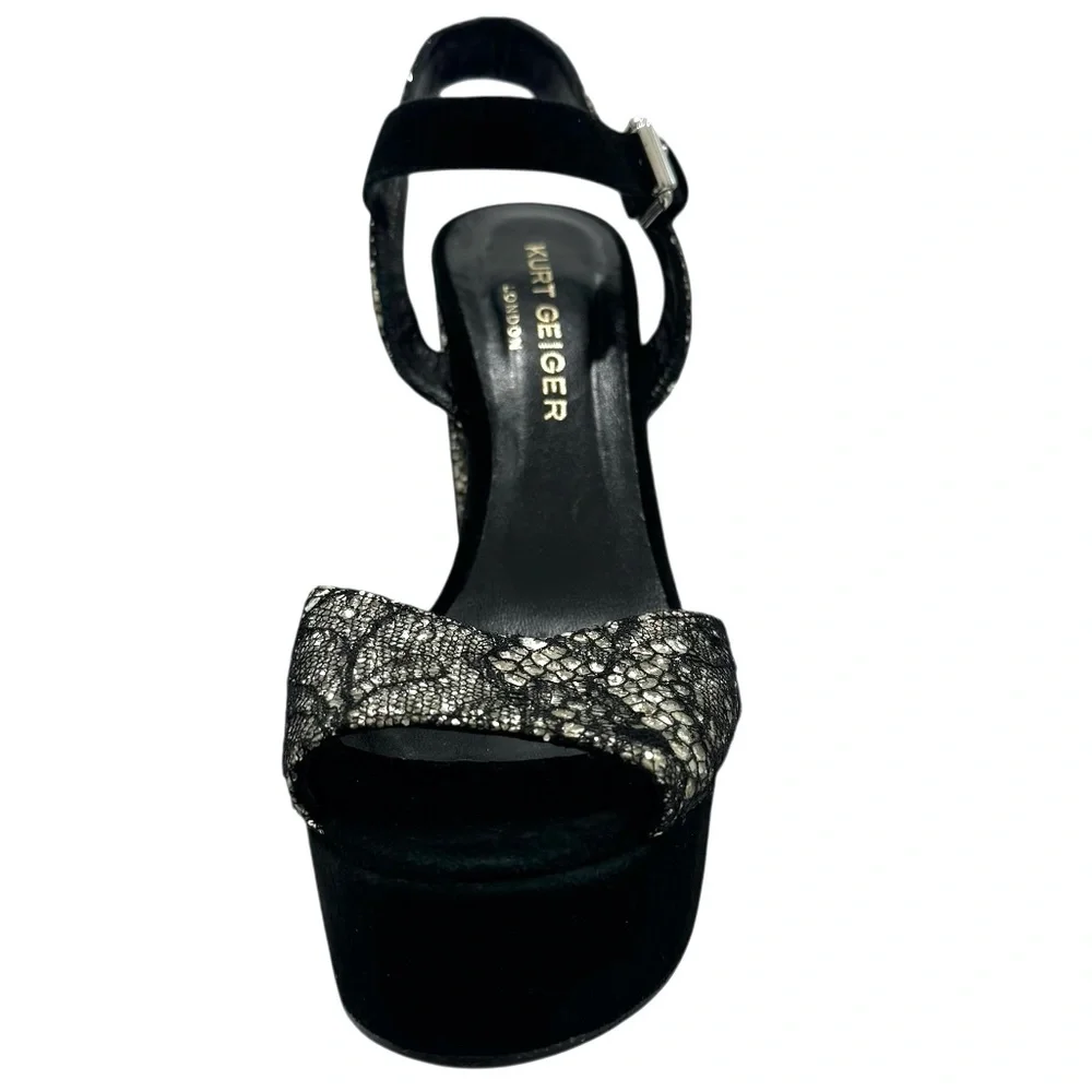 KURT GEIGER BLACK LACE OVER SILVER GLITTER PLATFORM HEELED SANDALS